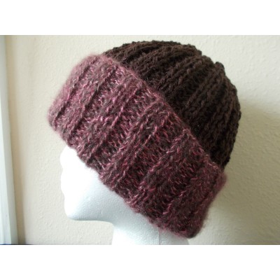 Hand knitted elegant & warm mohair blend + wool beanie/hat   brown with pink  eb-68163724